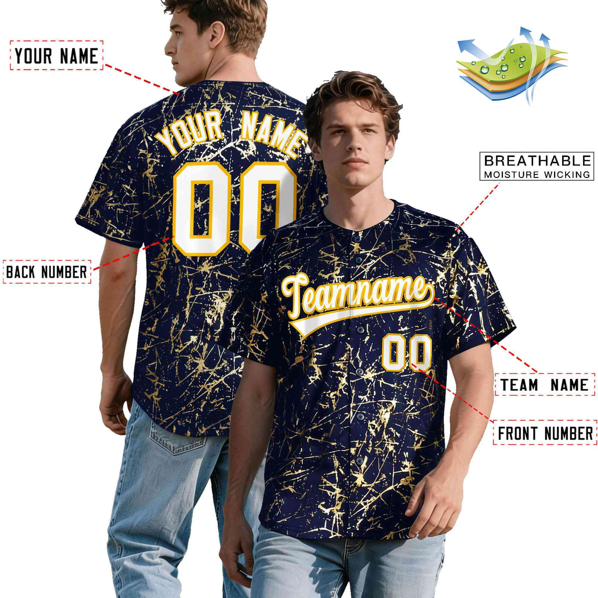 Custom Navy White Black&amp;Shiny Gold Cracked Foil Breathable Mesh Streetwear Baseball Jersey| KXKSHOP