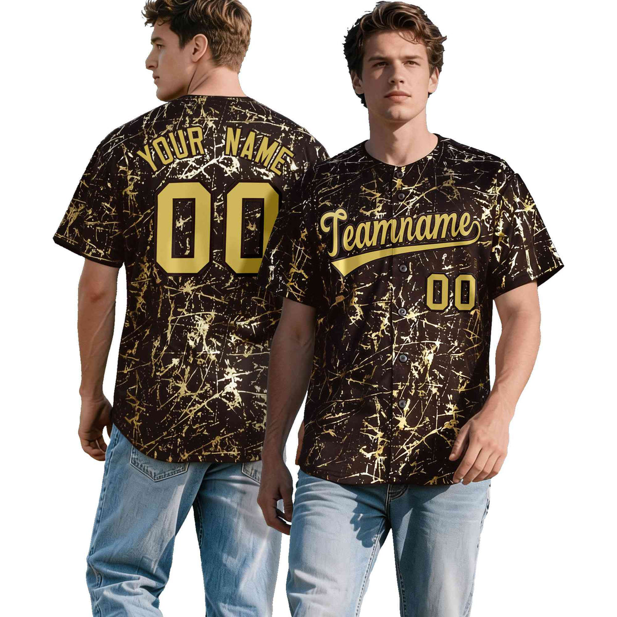 Custom Brown Old Gold Black&amp;Shiny Gold Cracked Foil Hip Hop Button Down Baseball Jersey| KXKSHOP