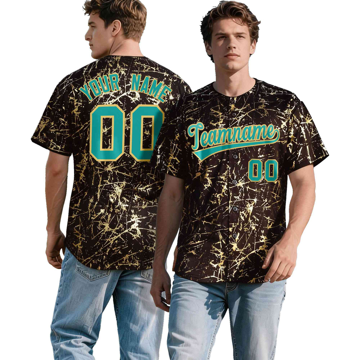 Custom Brown Aqua Metallic Gold Splatter Breathable&amp;Wrinkle-Resistant Baseball Jersey| KXKSHOP