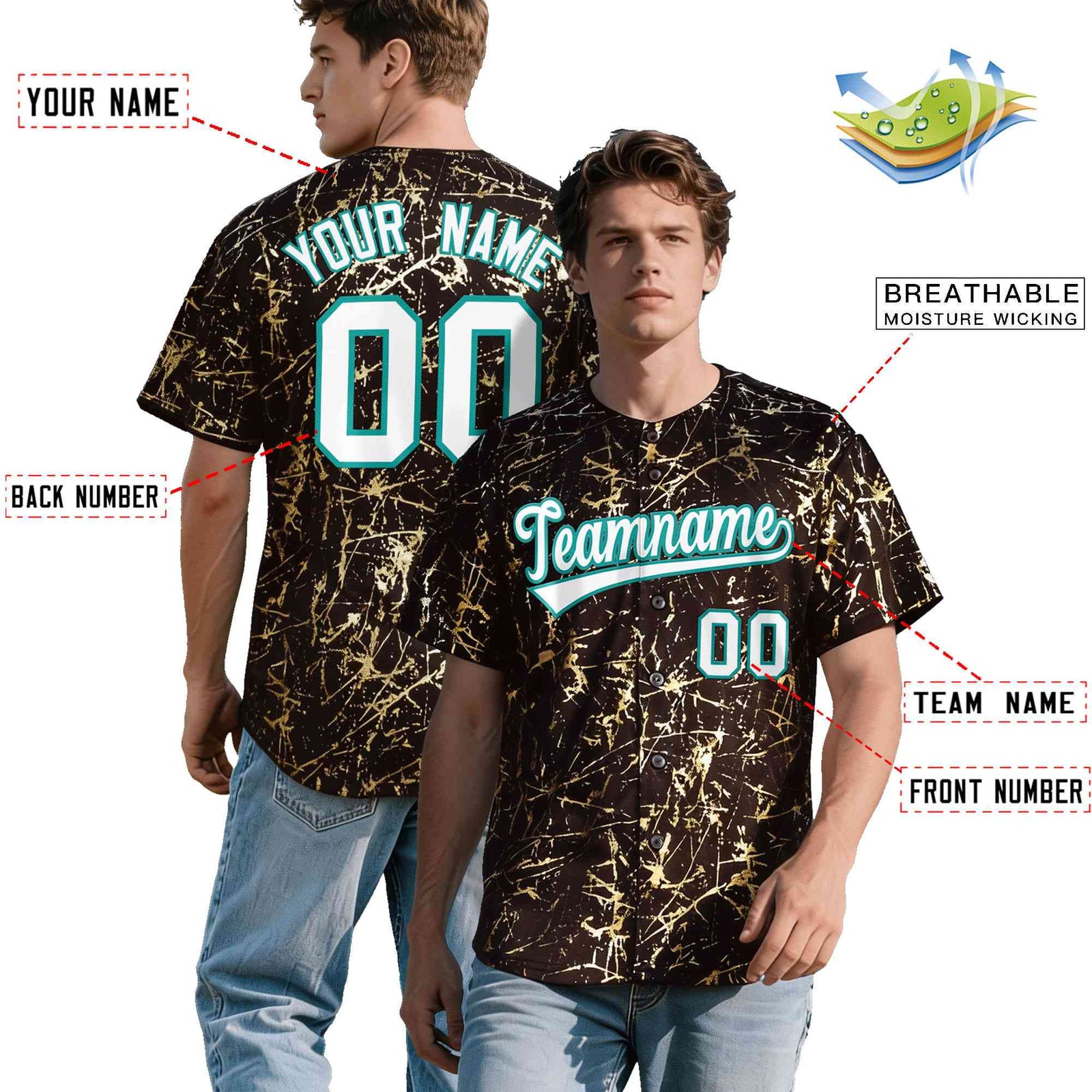 Custom Brown White Black&Shiny Gold Cracked Foil Breathable Mesh Streetwear Baseball Jersey| KXKSHOP