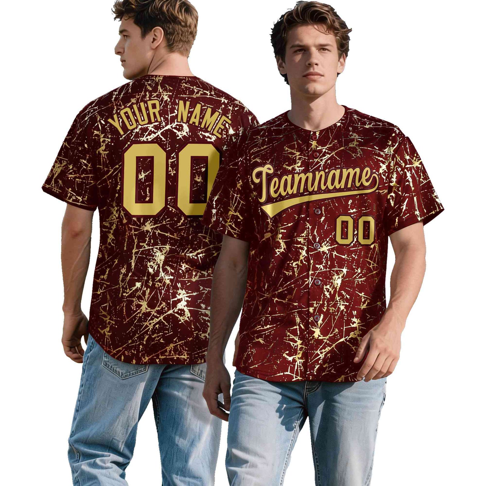 Custom Crimson Old Gold Black&Shiny Gold Cracked Foil Hip Hop Button Down Baseball Jersey| KXKSHOP