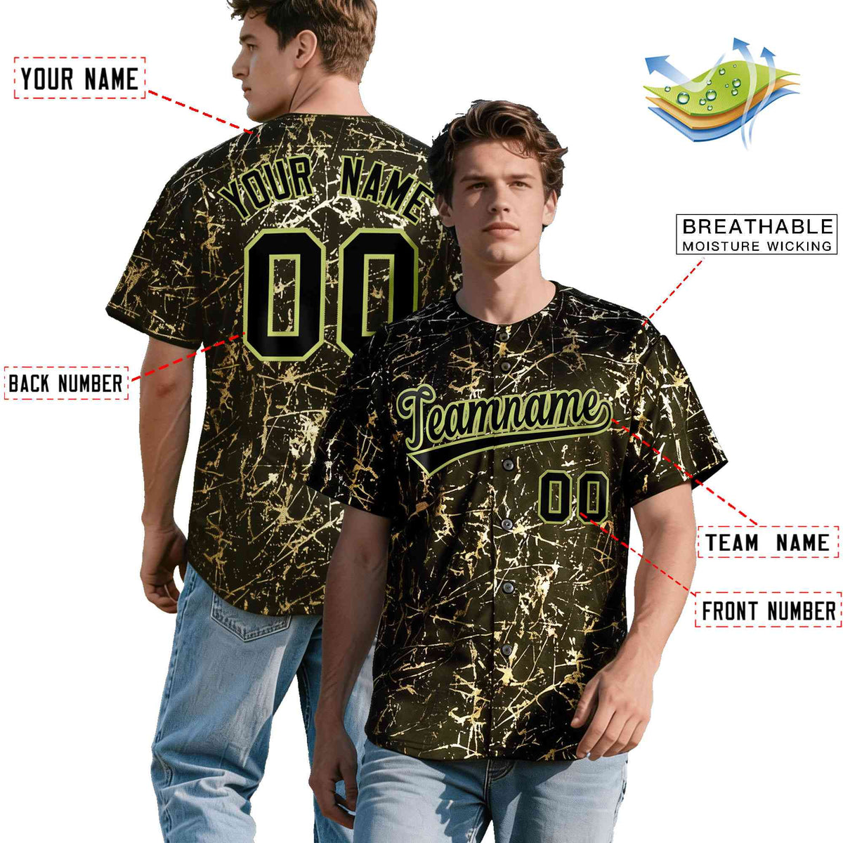 Custom Olive Black Metallic Gold Splatter Breathable&Wrinkle-Resistant Baseball Jersey| KXKSHOP
