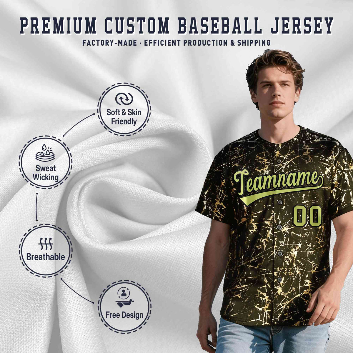 Custom Olive Champagne Black&amp;Gold Marble Print Clubwear Party Streetwear Baseball Jersey| KXKSHOP
