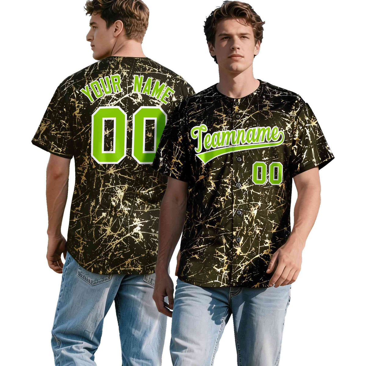 Custom Olive Neon Green Metallic Gold Splatter Urban Streetwear Baseball Jersey| KXKSHOP