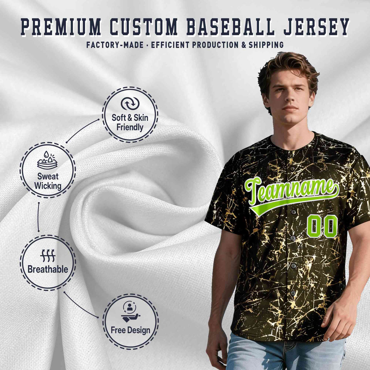 Custom Olive Neon Green Metallic Gold Splatter Urban Streetwear Baseball Jersey| KXKSHOP