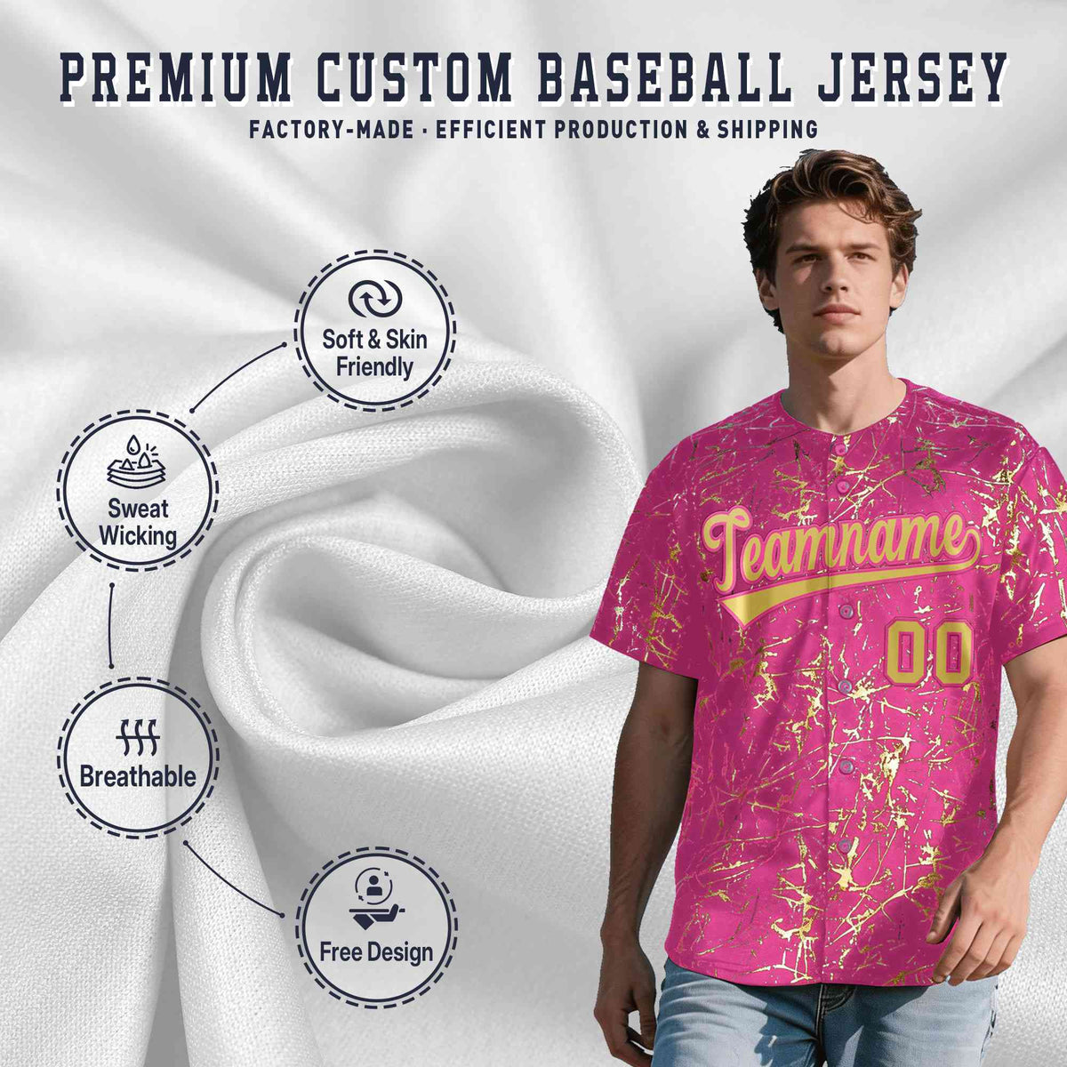 Custom Pink Old Gold Black&amp;Shiny Gold Cracked Foil Hip Hop Button Down Baseball Jersey| KXKSHOP
