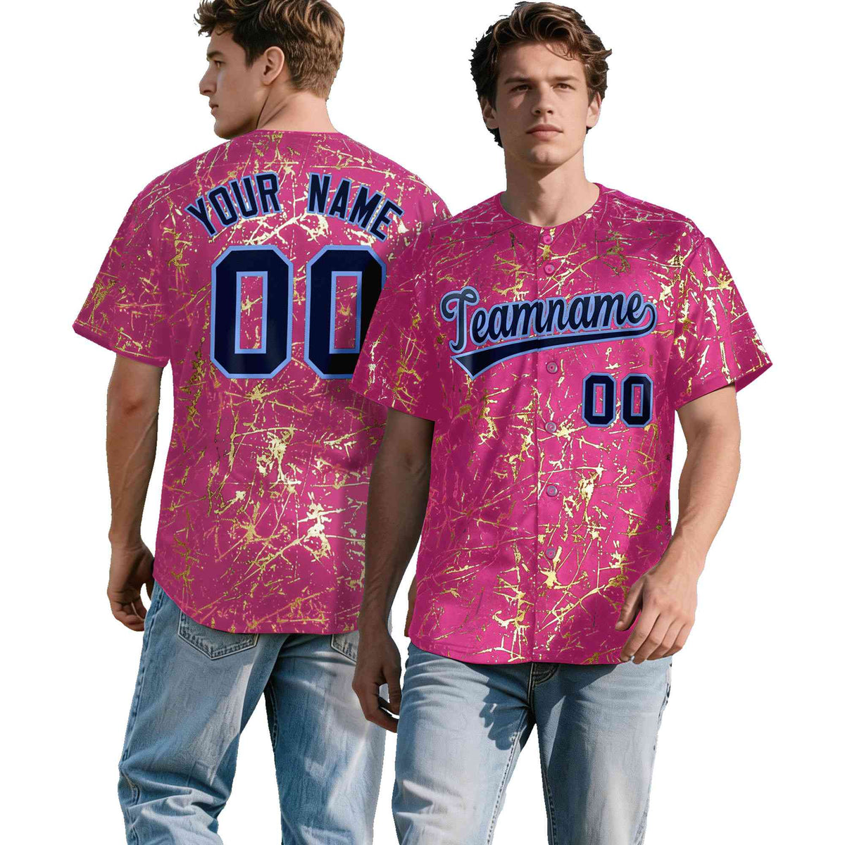 Custom Pink Navy Metallic Gold Splatter Breathable&amp;Wrinkle-Resistant Baseball Jersey| KXKSHOP