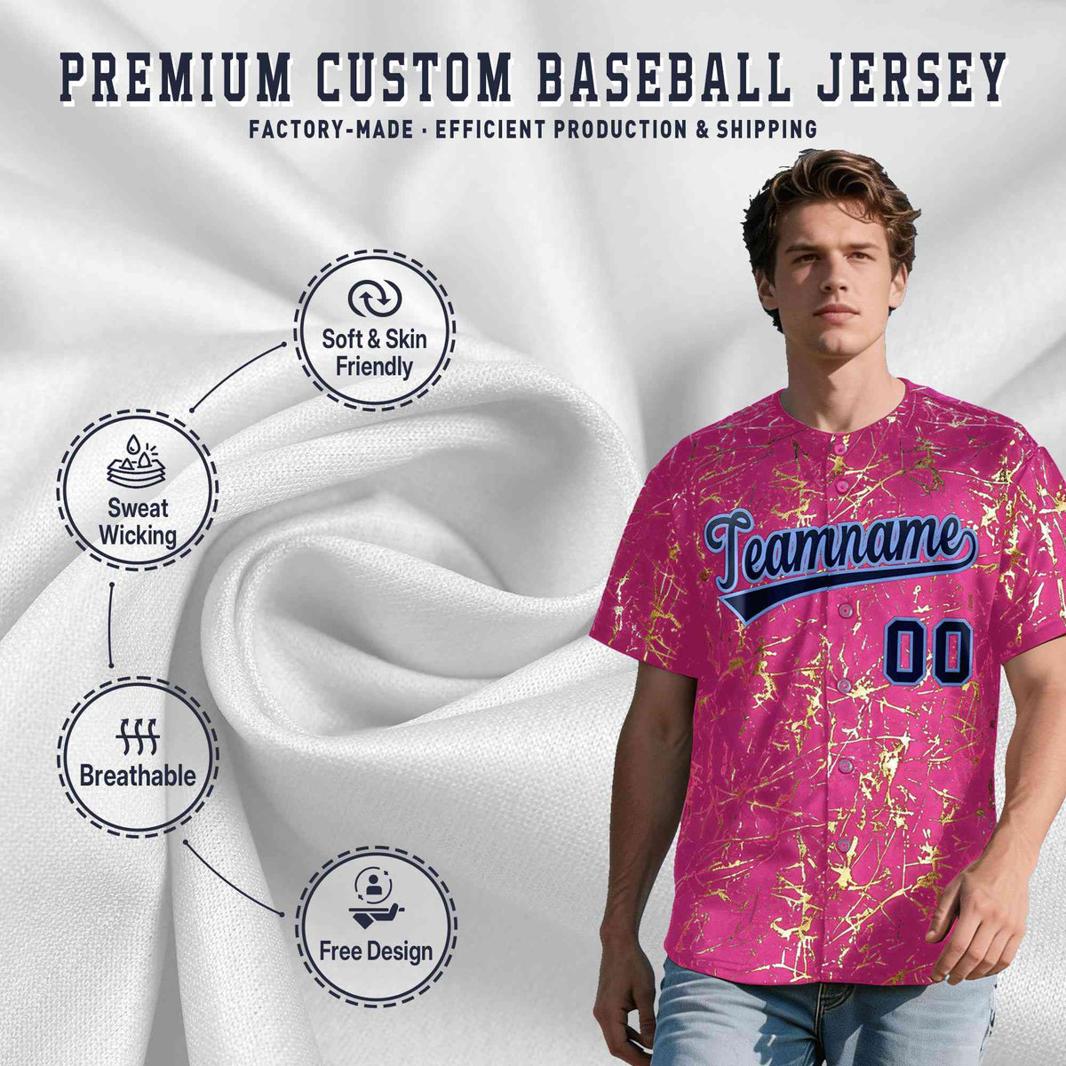 Custom Pink Navy Metallic Gold Splatter Breathable&amp;Wrinkle-Resistant Baseball Jersey| KXKSHOP