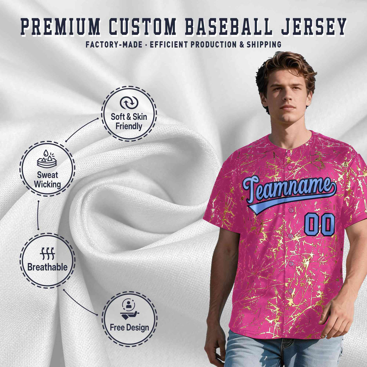 Custom Pink Light Blue Black&amp;Gold Marble Print Clubwear Party Streetwear Baseball Jersey| KXKSHOP