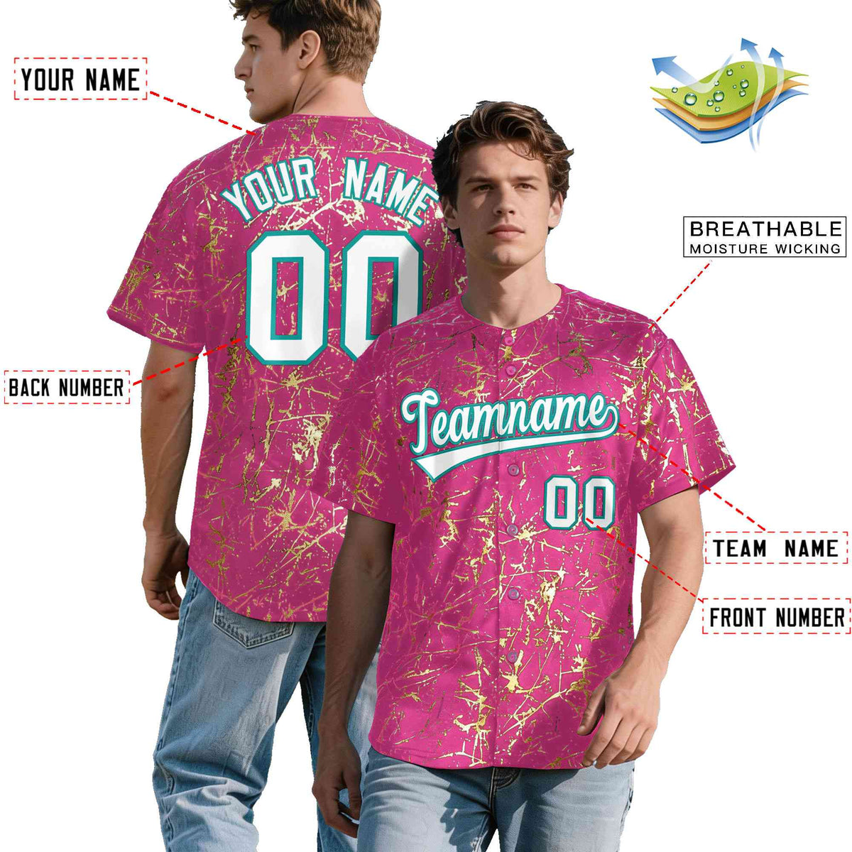 Custom Pink White Black&amp;Shiny Gold Cracked Foil Breathable Mesh Streetwear Baseball Jersey| KXKSHOP