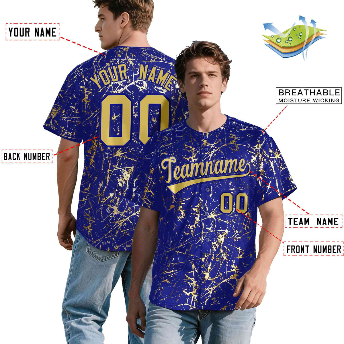 Custom Royal Old Gold Black&amp;Shiny Gold Cracked Foil Hip Hop Button Down Baseball Jersey| KXKSHOP