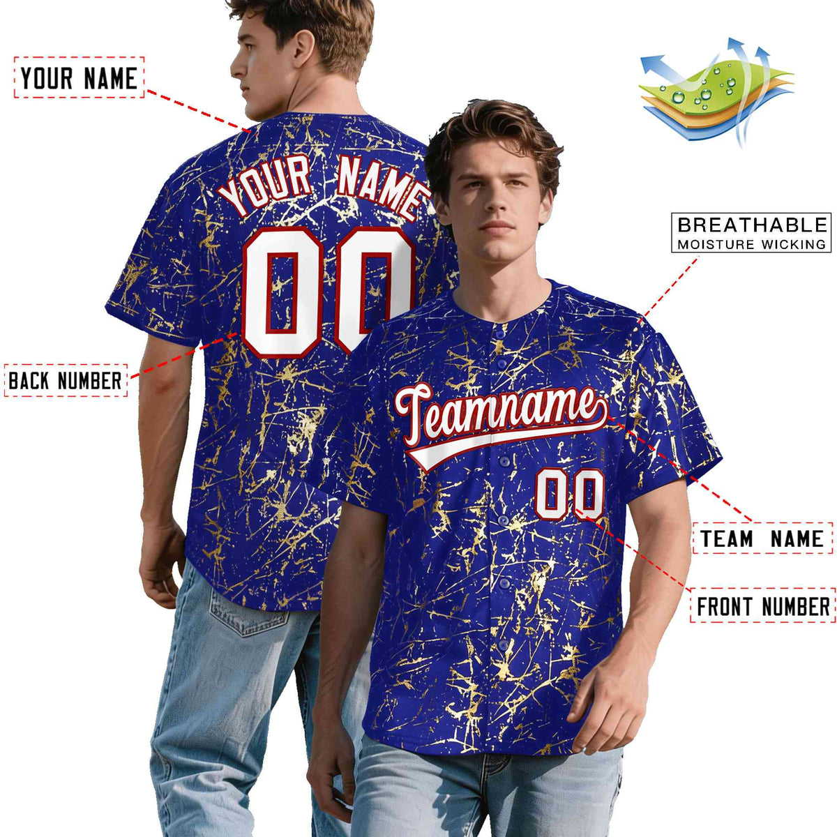 Custom Royal White Black&amp;Gold Marble Print Clubwear Party Streetwear Baseball Jersey| KXKSHOP