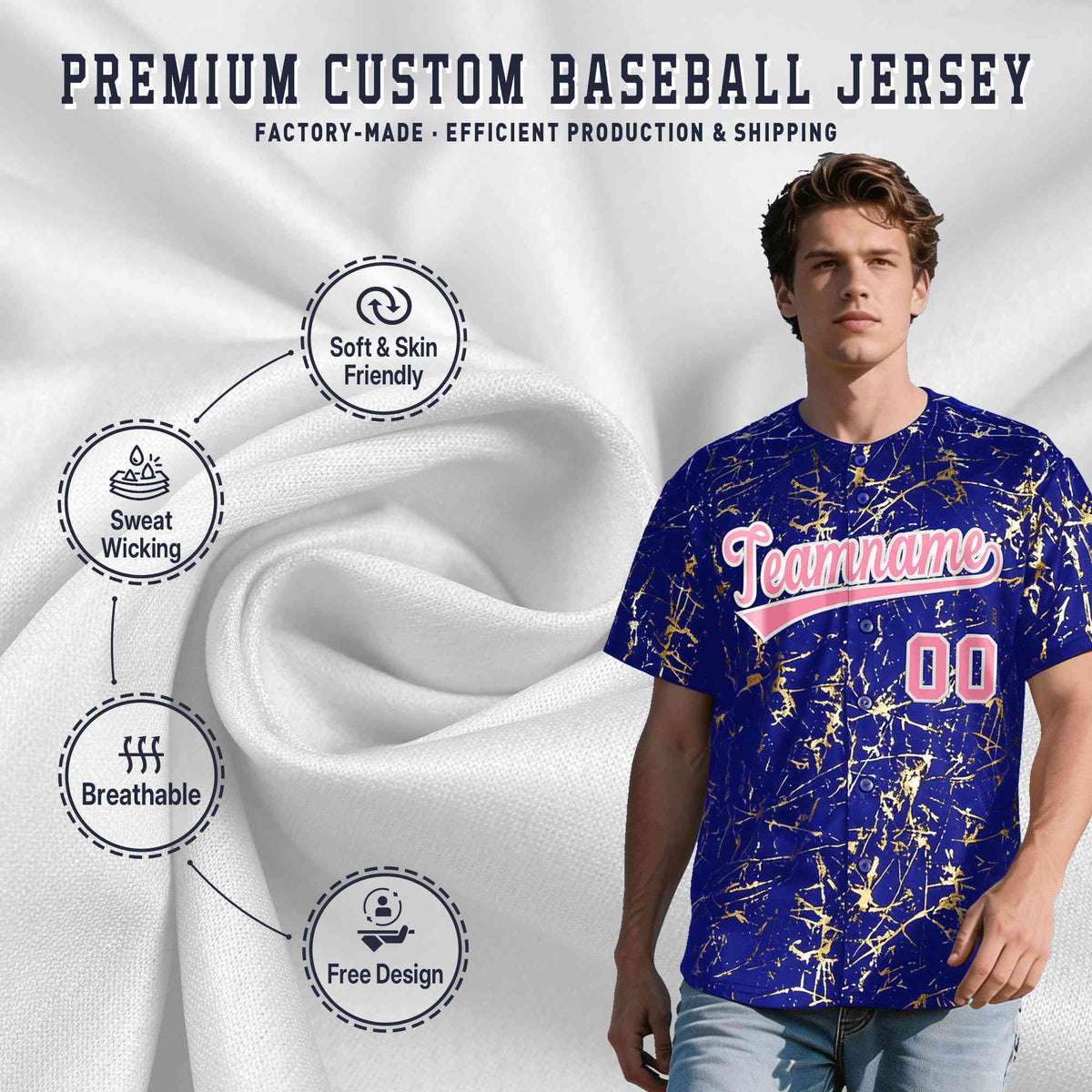 Custom Royal Light Pink Metallic Gold Splatter Urban Streetwear Baseball Jersey| KXKSHOP