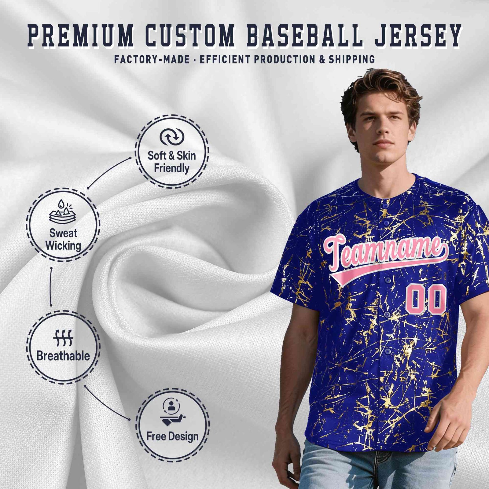 Custom Royal Light Pink Metallic Gold Splatter Urban Streetwear Baseball Jersey| KXKSHOP