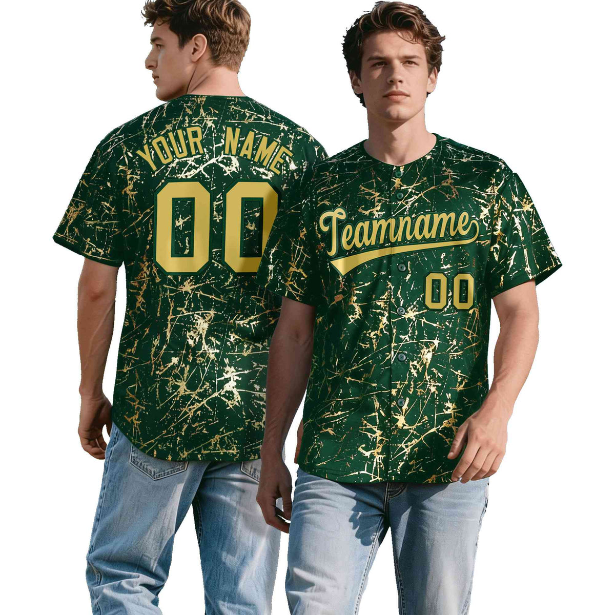 Custom Green Old Gold Black&amp;Shiny Gold Cracked Foil Hip Hop Button Down Baseball Jersey| KXKSHOP