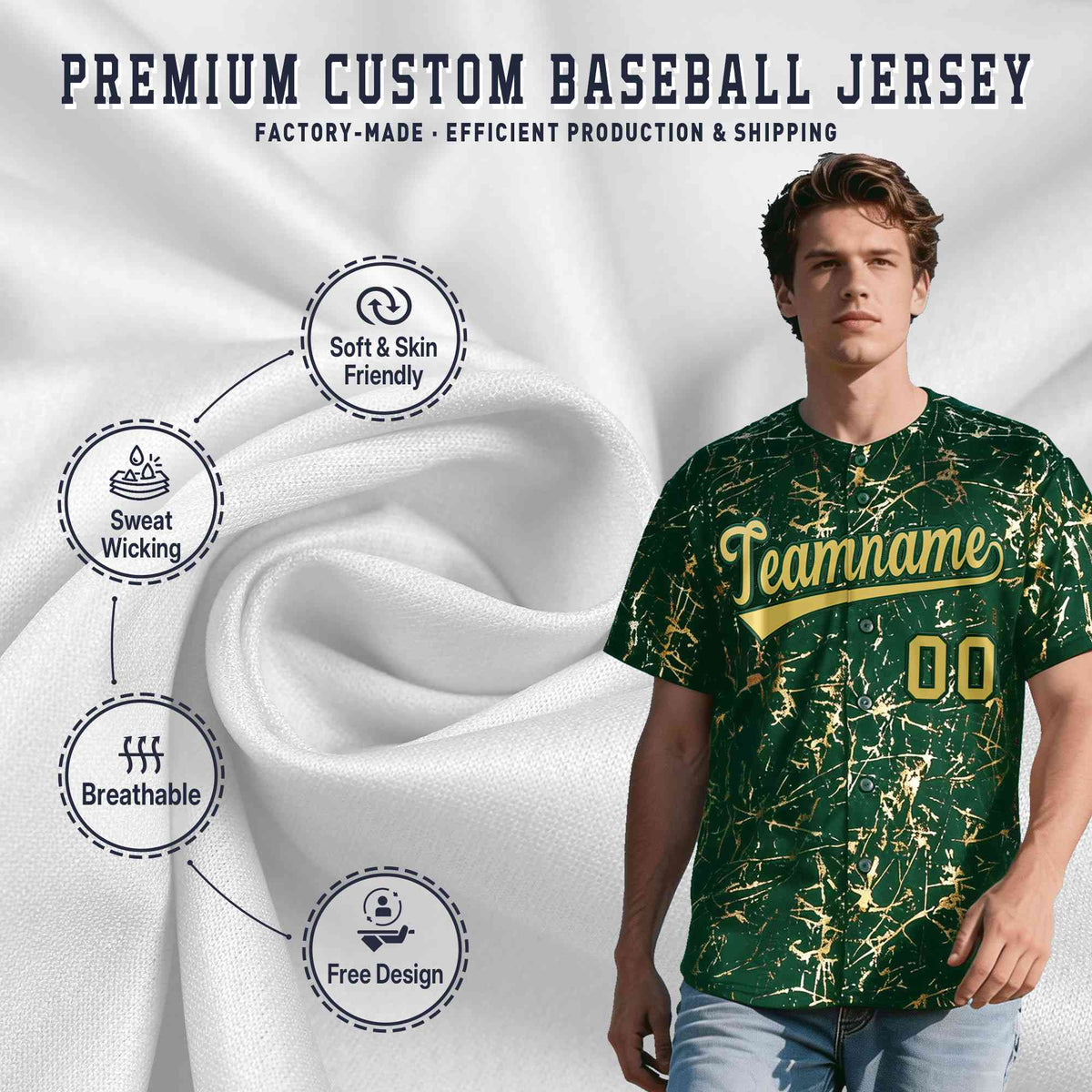 Custom Green Old Gold Black&amp;Shiny Gold Cracked Foil Hip Hop Button Down Baseball Jersey| KXKSHOP