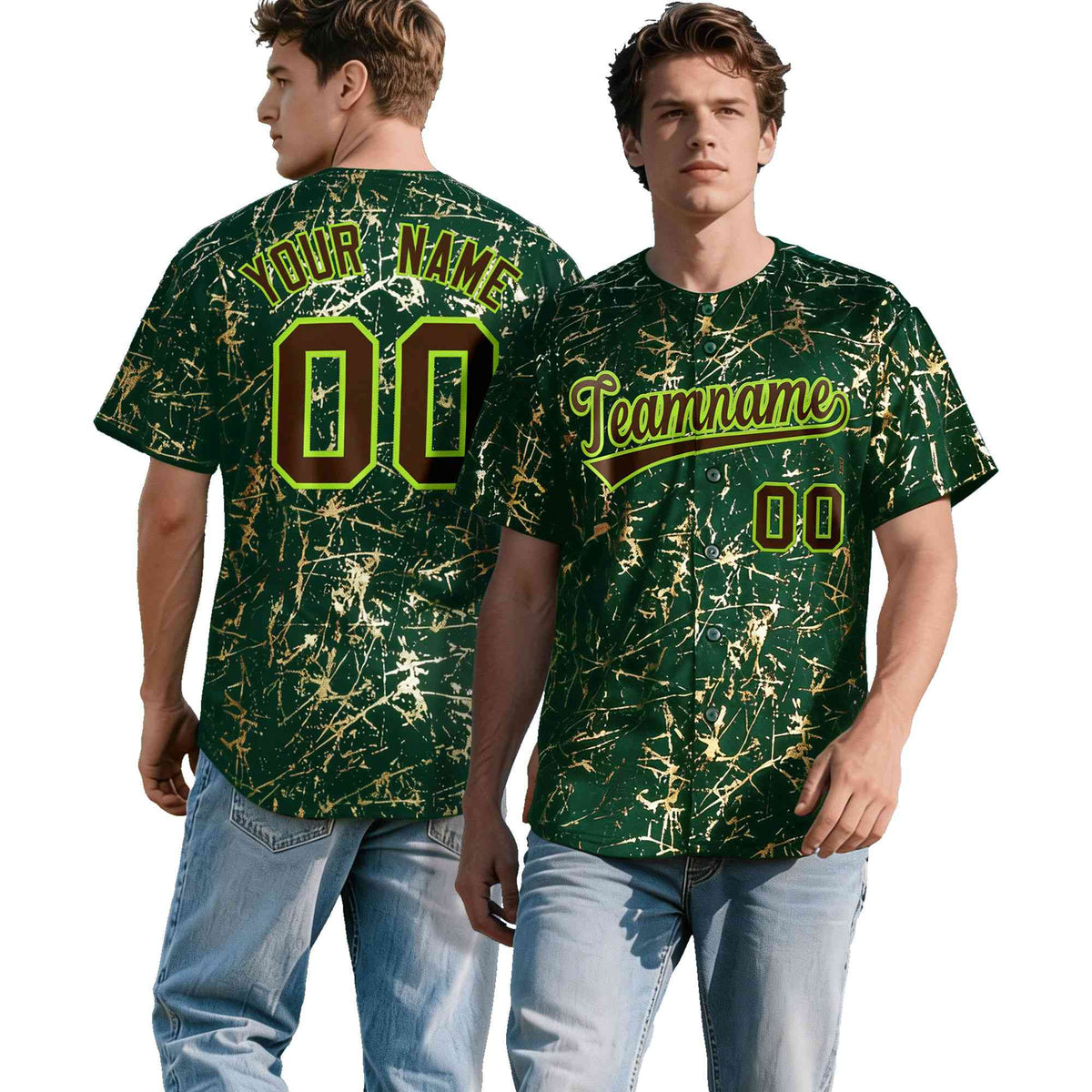Custom Green Brown Metallic Gold Splatter Breathable&amp;Wrinkle-Resistant Baseball Jersey| KXKSHOP