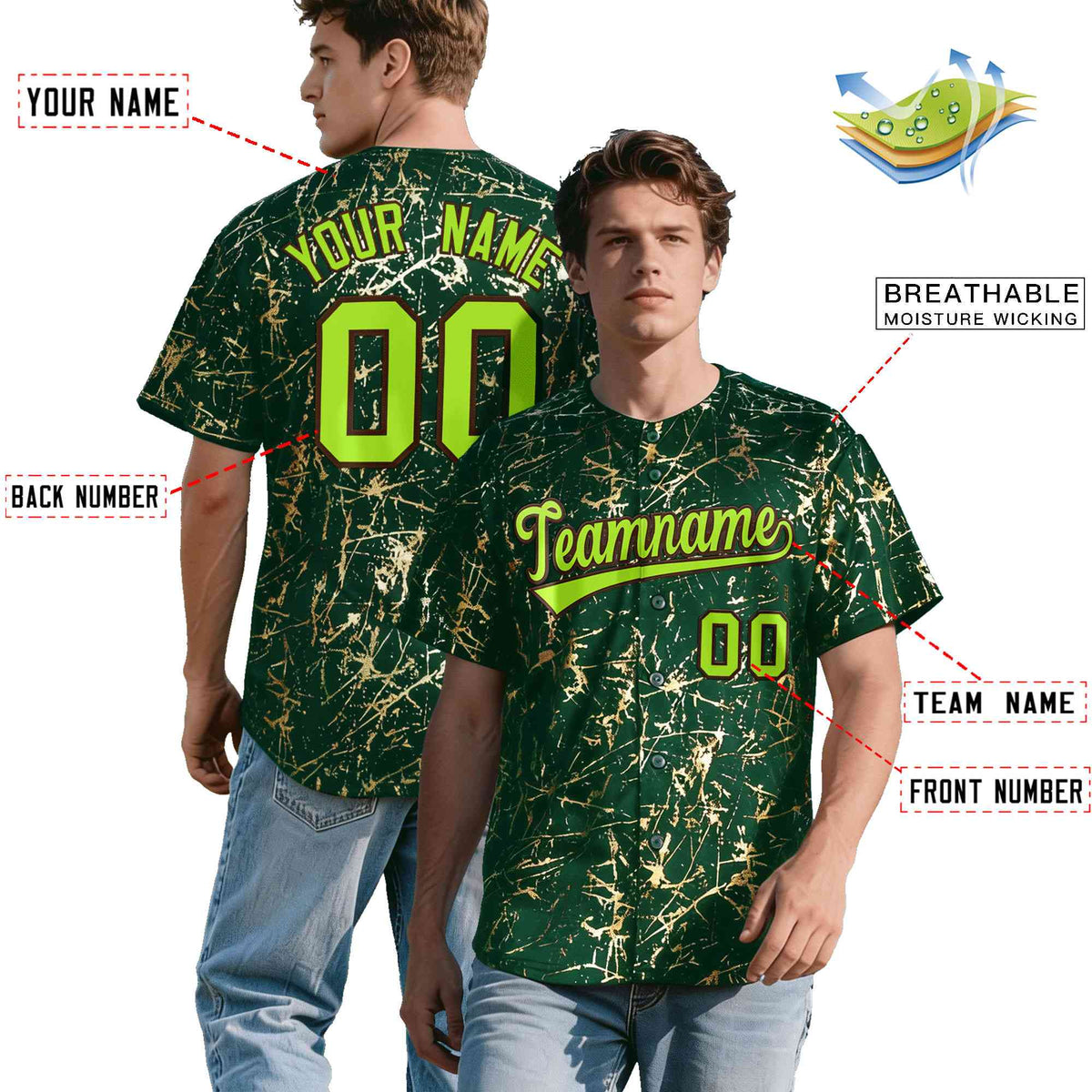 Custom Green Neon Green Black&amp;Gold Marble Print Clubwear Party Streetwear Baseball Jersey| KXKSHOP