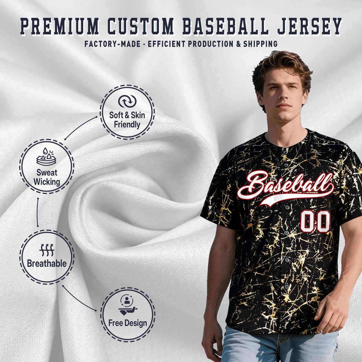Custom Black White Black&amp;Gold Marble Print Clubwear Party Streetwear Baseball Jersey