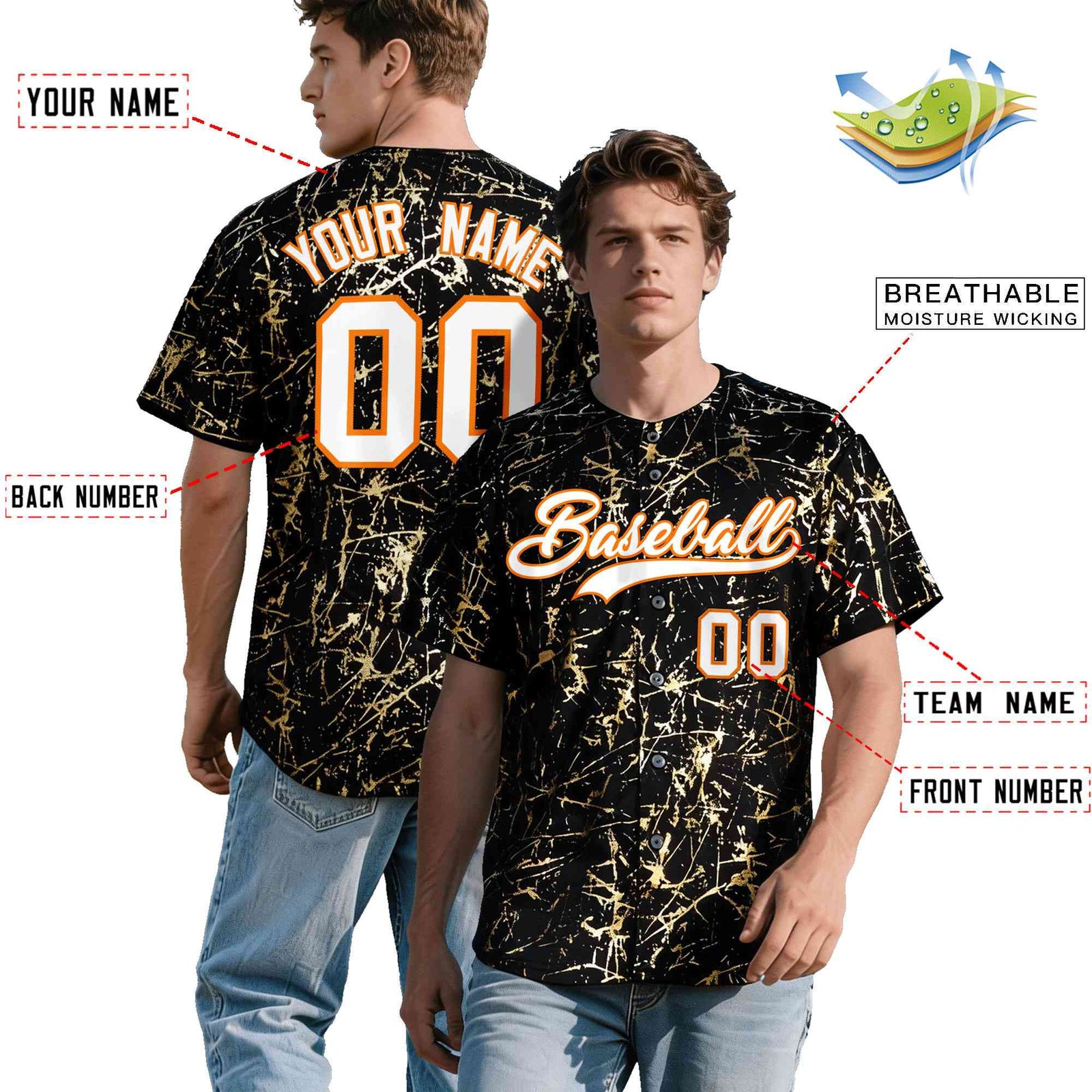 Custom Black White Black&Shiny Gold Cracked Foil Breathable Mesh Streetwear Baseball Jersey