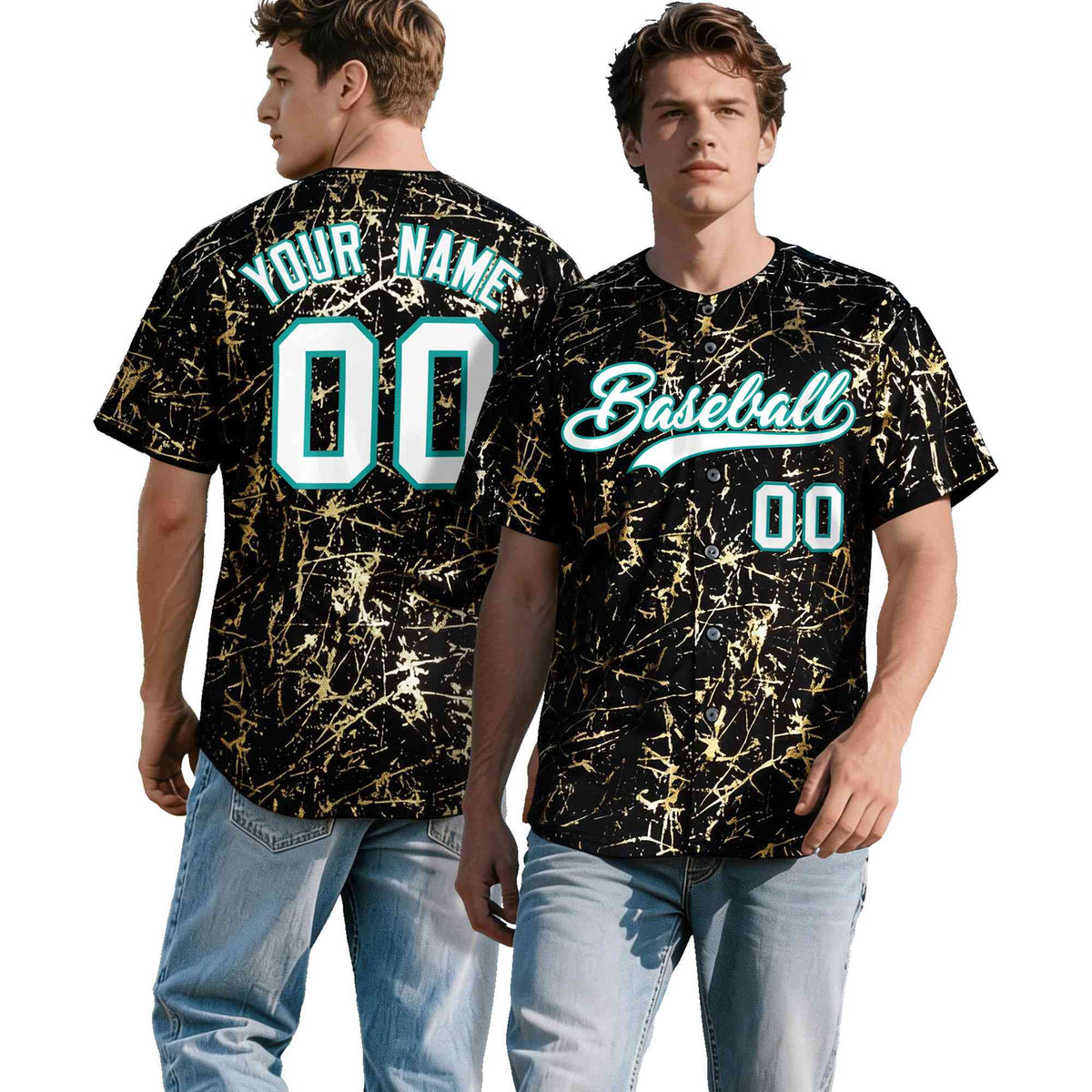 Custom Black White Black&amp;Shiny Gold Cracked Foil Breathable Mesh Streetwear Baseball Jersey