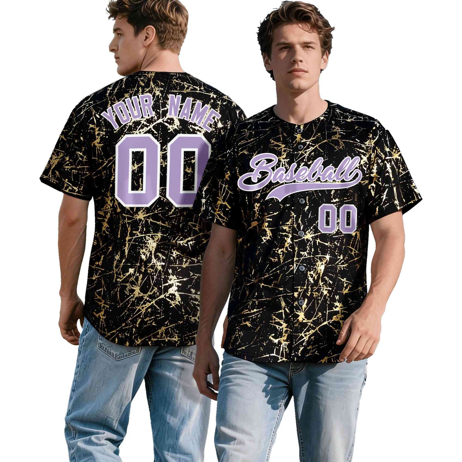 Custom Black Light Purple Metallic Gold Splatter Breathable&Wrinkle-Resistant Baseball Jersey