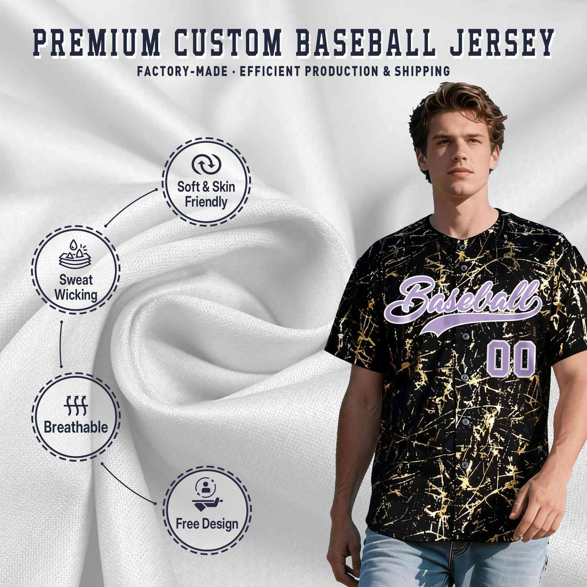 Custom Black Light Purple Metallic Gold Splatter Breathable&amp;Wrinkle-Resistant Baseball Jersey