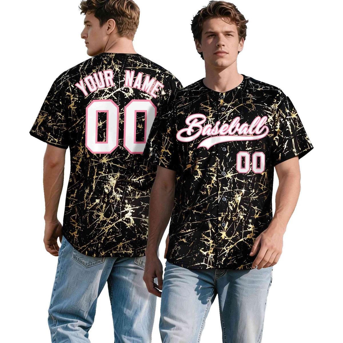 Custom Black White Black&amp;Shiny Gold Cracked Foil Breathable Mesh Streetwear Baseball Jersey