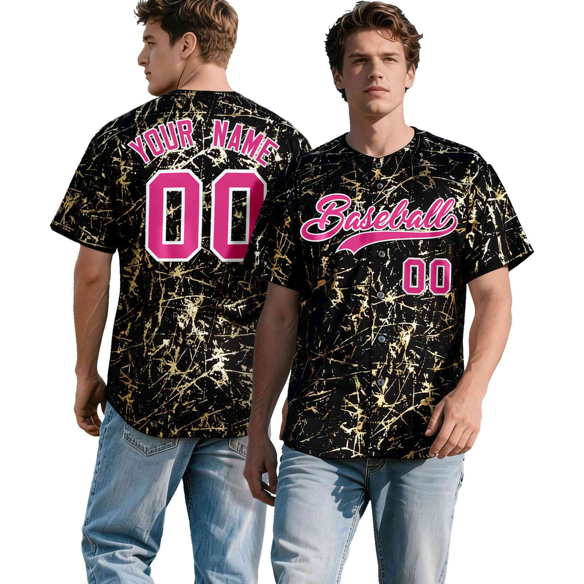 Custom Black Rose Red Shiny Gold Cracked Texture Baseball Jersey