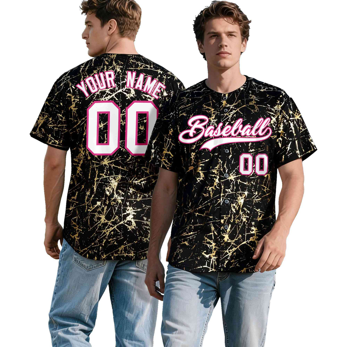 Custom Black White Black&amp;Shiny Gold Cracked Foil Hip Hop Button Down Baseball Jersey