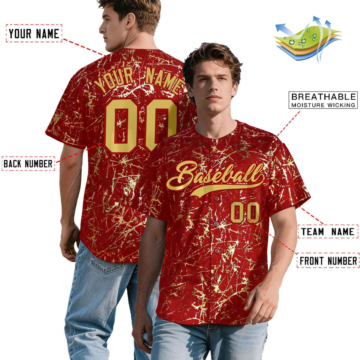 Custom Red Old Gold Black&amp;Gold Marble Print Clubwear Party Streetwear Baseball Jersey
