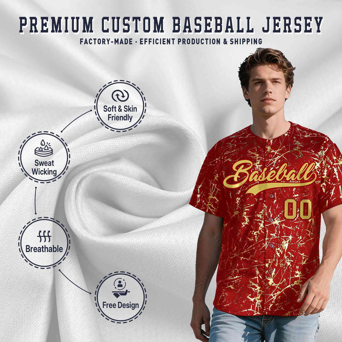 Custom Red Old Gold Black&amp;Gold Marble Print Clubwear Party Streetwear Baseball Jersey