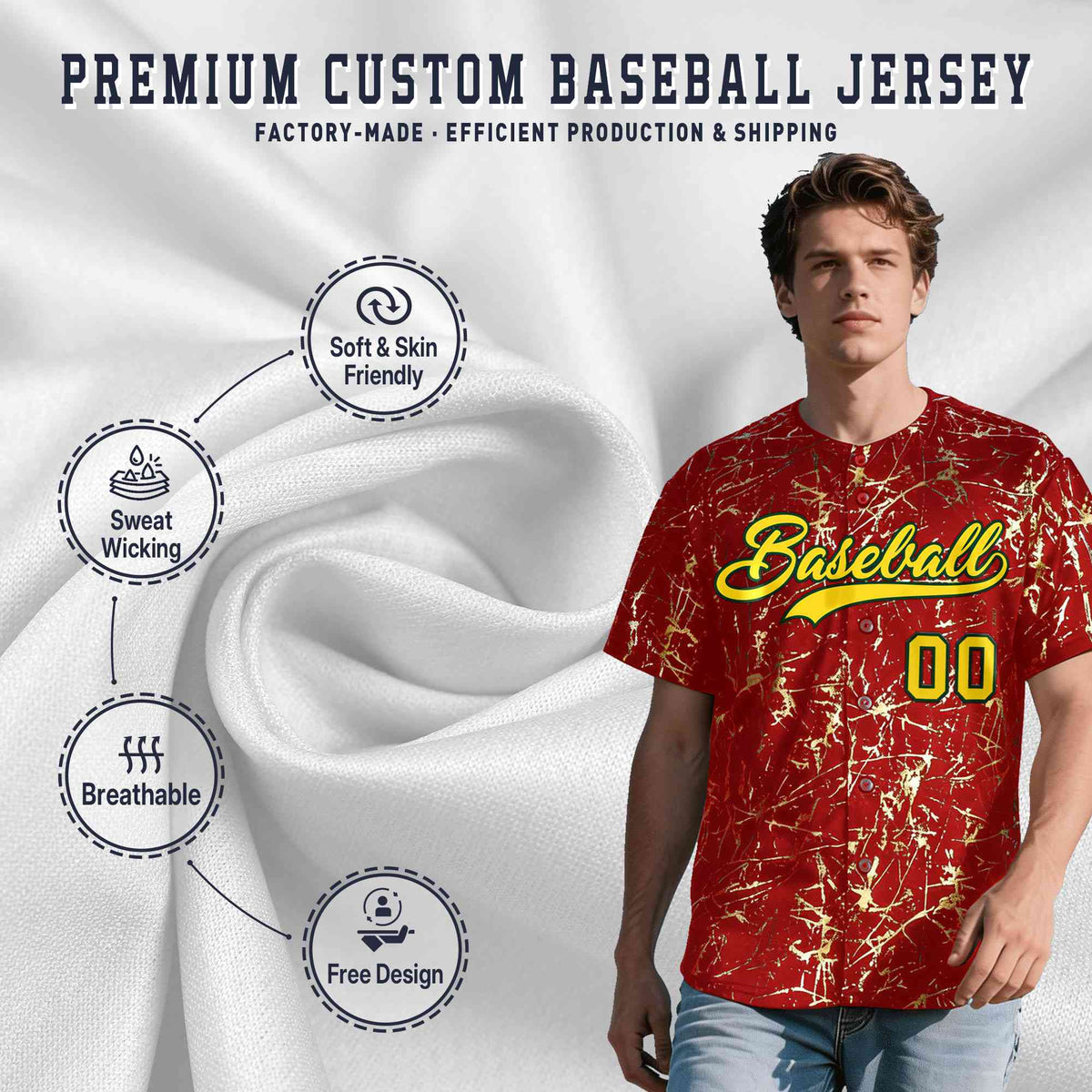 Custom Red Gold Black&amp;Shiny Gold Cracked Foil Breathable Mesh Streetwear Baseball Jersey