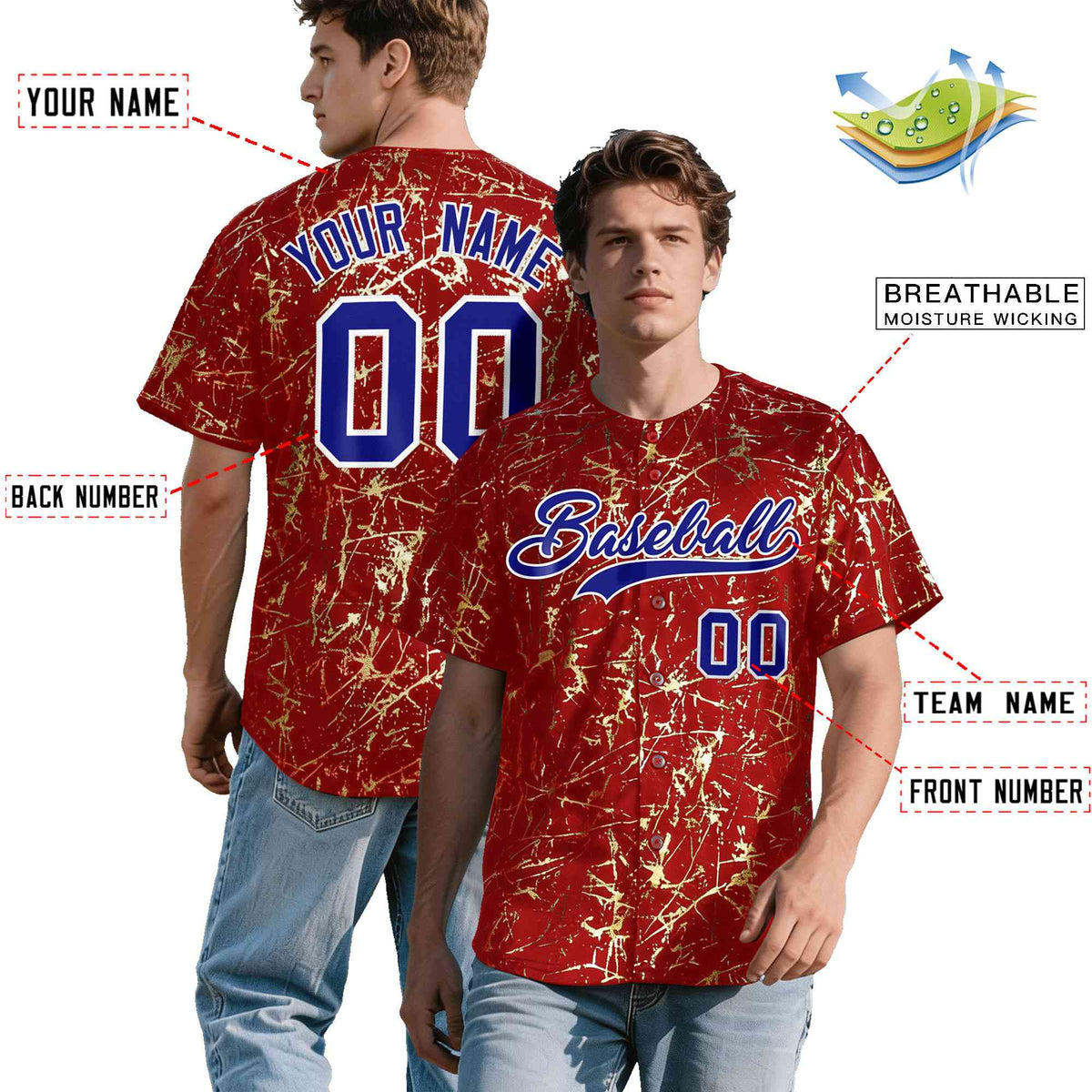 Custom Red Royal Shiny Gold Cracked Texture Baseball Jersey