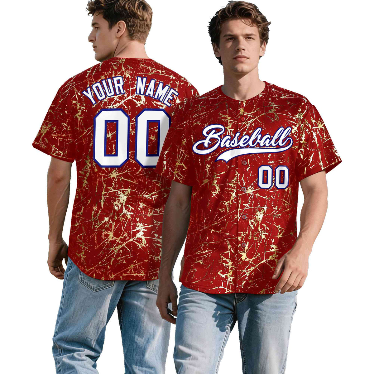 Custom Red White Black&amp;Shiny Gold Cracked Foil Hip Hop Button Down Baseball Jersey