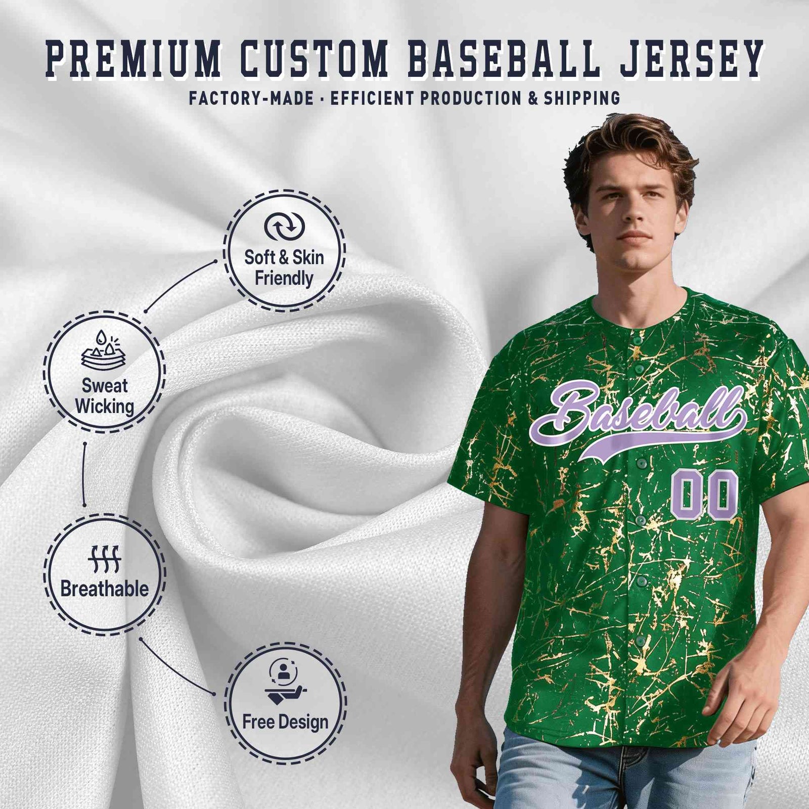 Custom Kelly Green Light Purple Metallic Gold Splatter Urban Streetwear Baseball Jersey