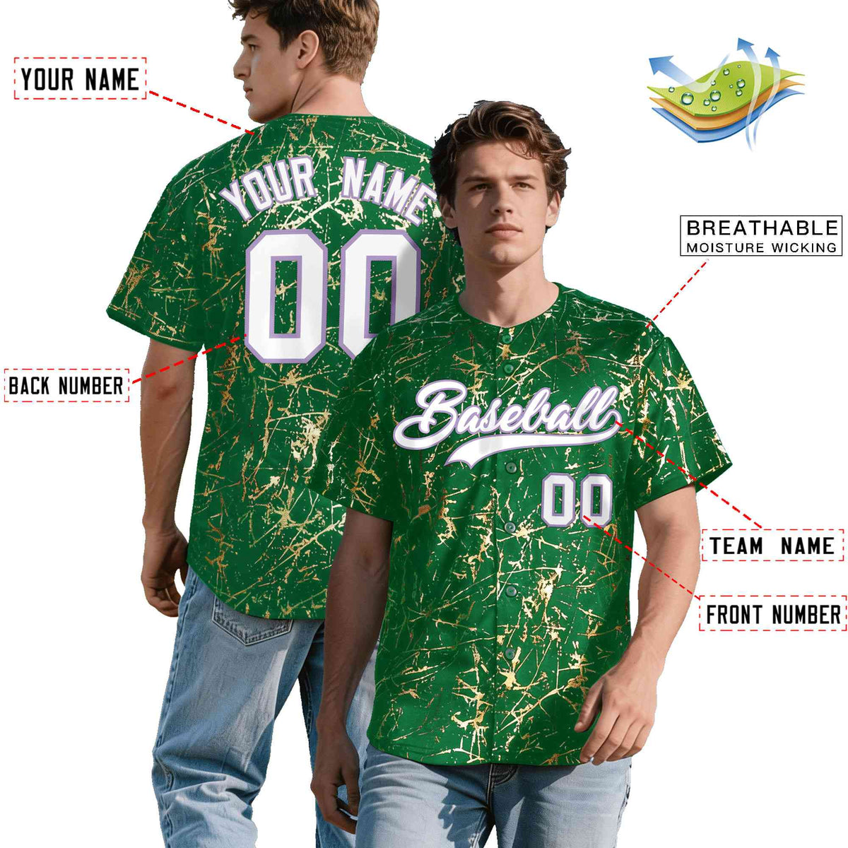 Custom Kelly Green White Black&amp;Shiny Gold Cracked Foil Breathable Mesh Streetwear Baseball Jersey