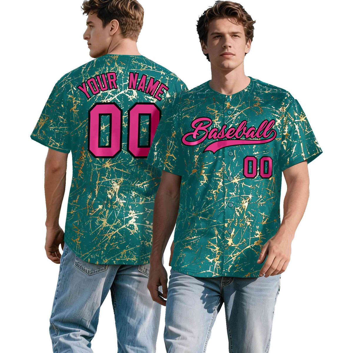 Custom Teal Rose Red Black&amp;Gold Marble Print Clubwear Party Streetwear Baseball Jersey