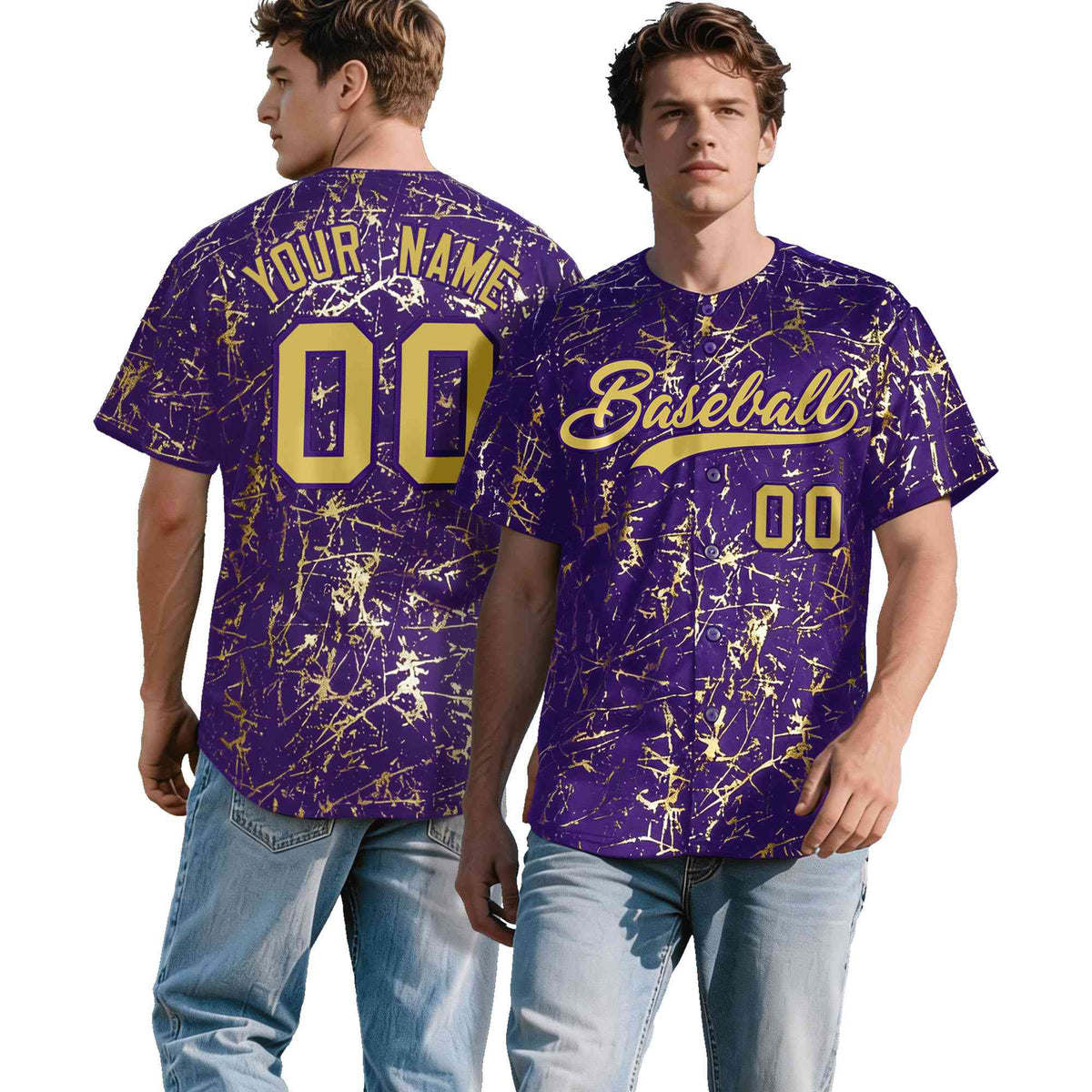 Custom Purple Old Gold Black&amp;Shiny Gold Cracked Foil Hip Hop Button Down Baseball Jersey