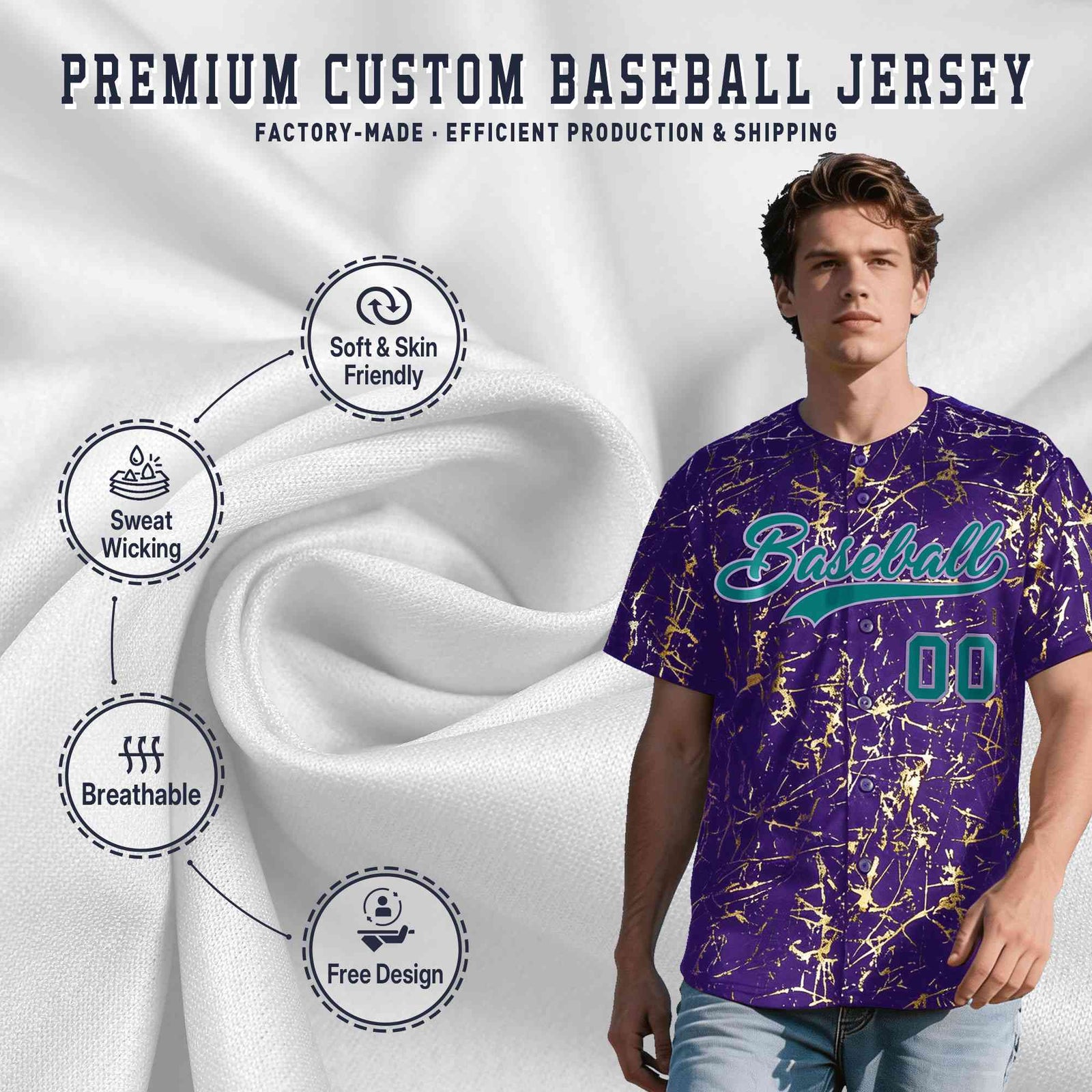 Custom Purple Teal Black&Gold Marble Print Clubwear Party Streetwear Baseball Jersey