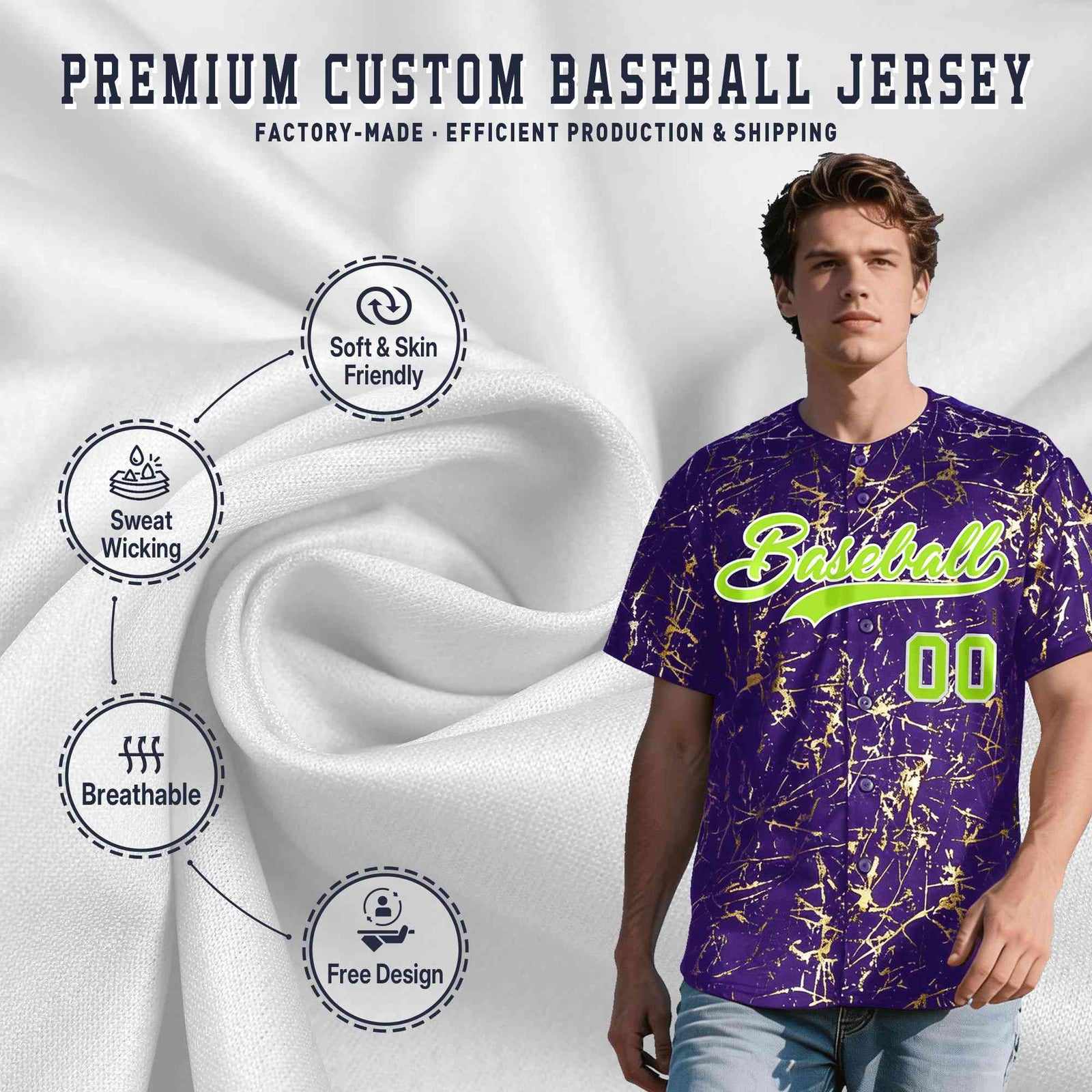 Custom Purple Neon Green Metallic Gold Splatter Urban Streetwear Baseball Jersey