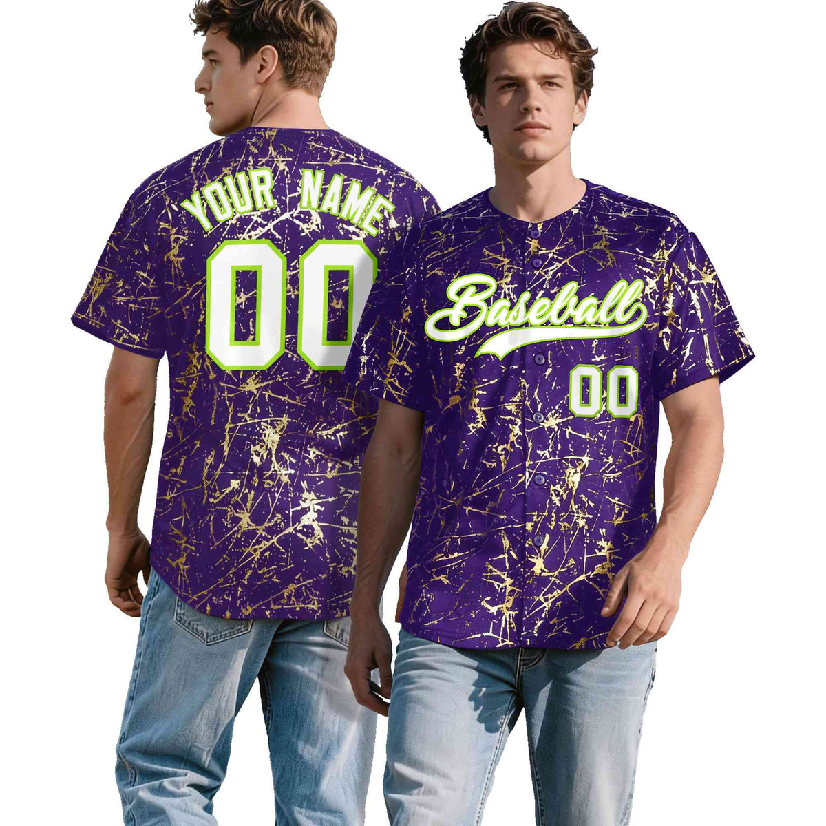 Custom Purple White Black&amp;Shiny Gold Cracked Foil Breathable Mesh Streetwear Baseball Jersey