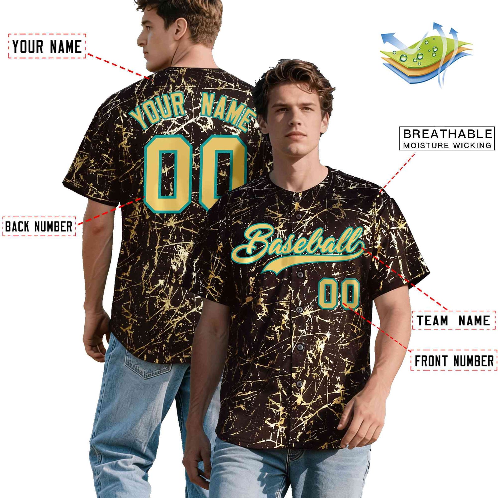 Custom Brown Khaki Black&Gold Marble Print Clubwear Party Streetwear Baseball Jersey