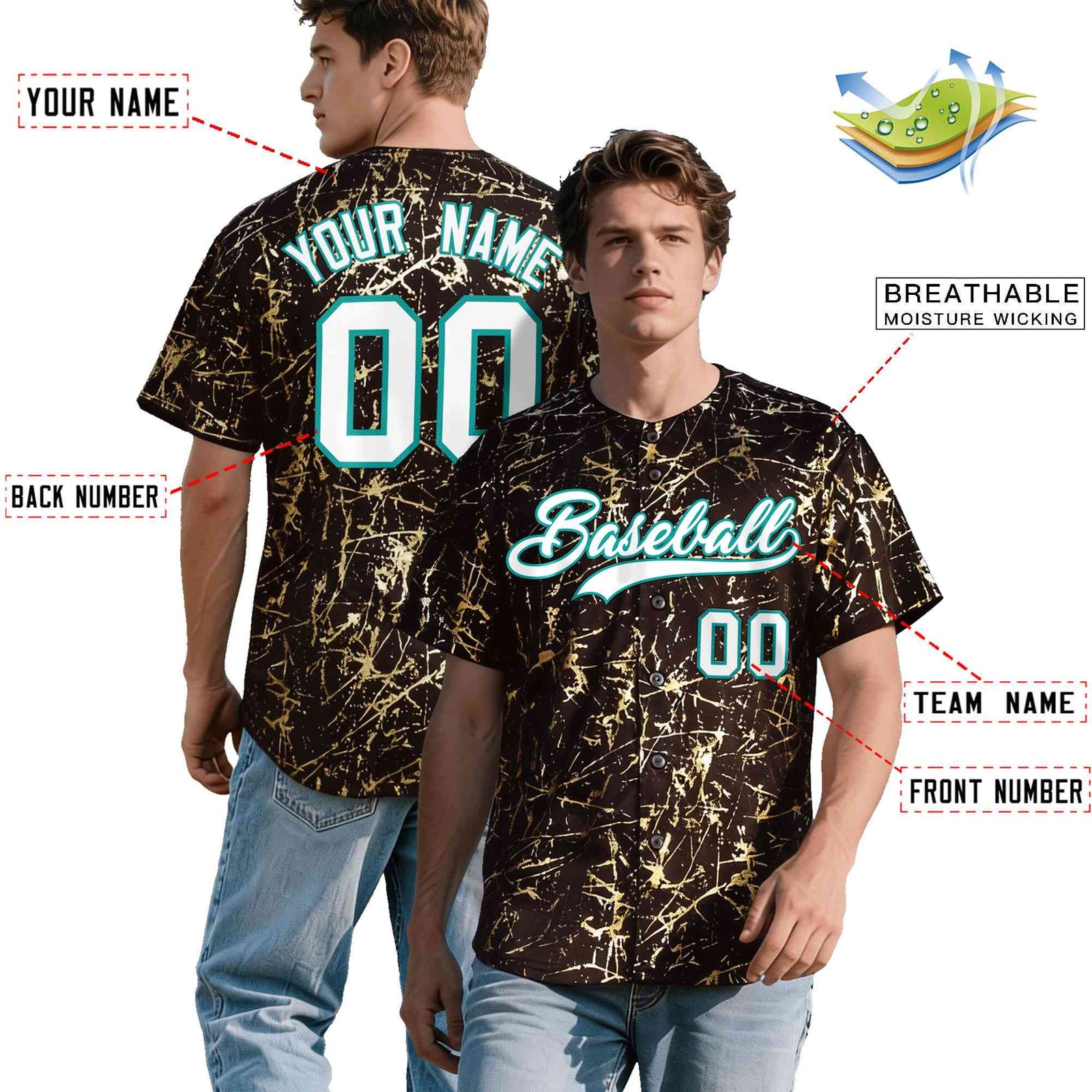 Custom Brown White Black&Shiny Gold Cracked Foil Breathable Mesh Streetwear Baseball Jersey