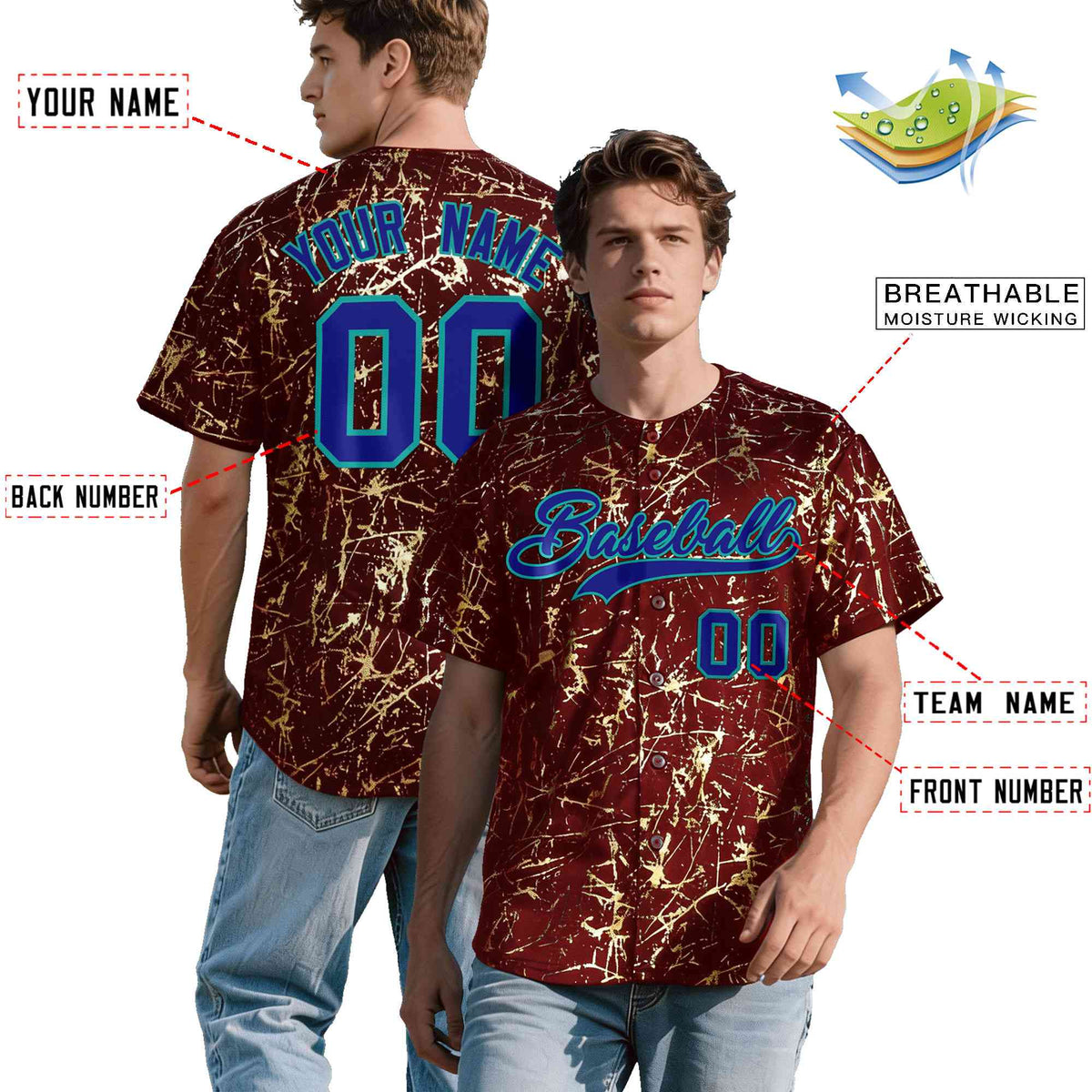 Custom Crimson Royal Metallic Gold Splatter Breathable&Wrinkle-Resistant Baseball Jersey