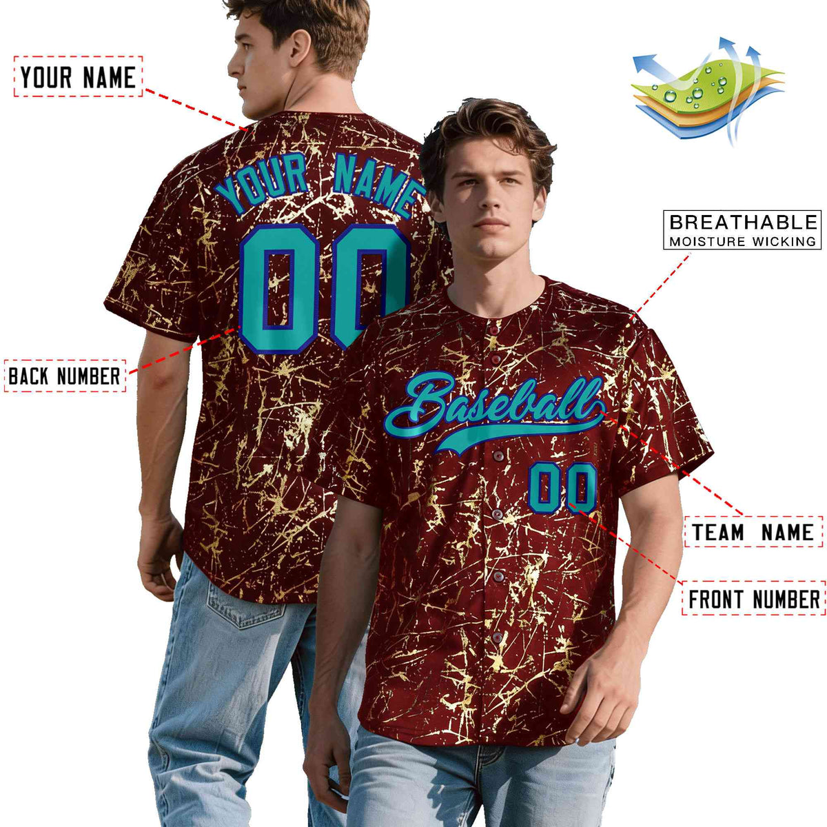 Custom Crimson Aqua Black&amp;Gold Marble Print Clubwear Party Streetwear Baseball Jersey