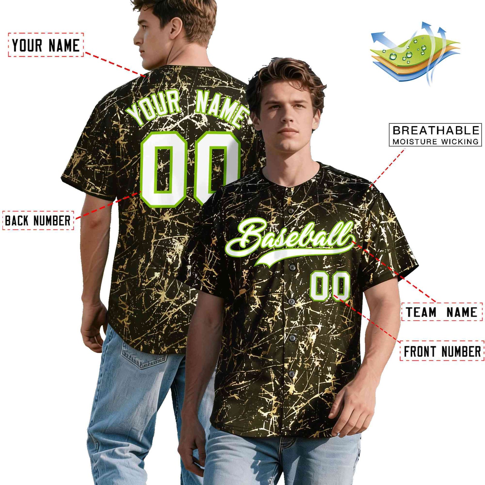 Custom Olive White Black&Shiny Gold Cracked Foil Breathable Mesh Streetwear Baseball Jersey