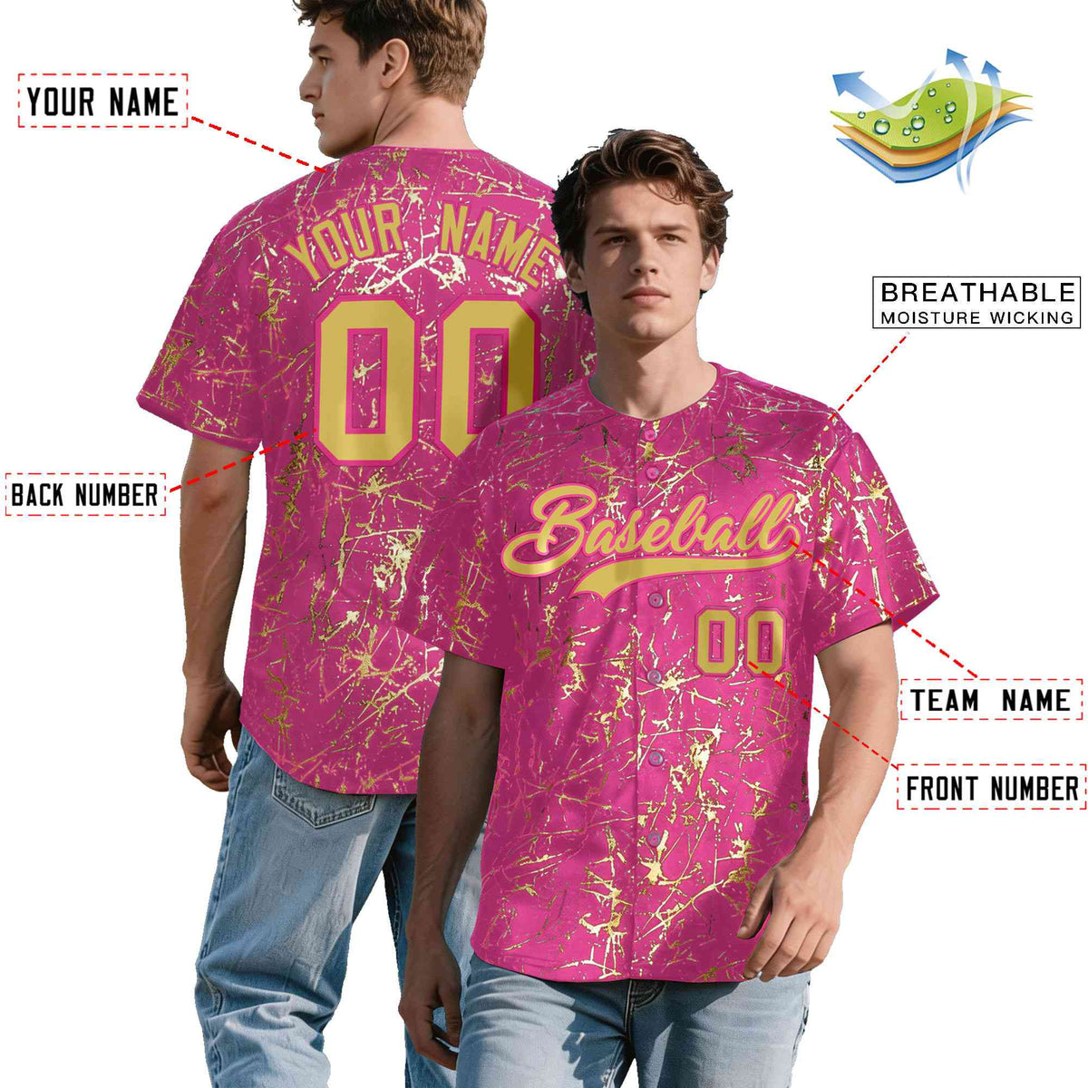 Custom Pink Old Gold Black&amp;Shiny Gold Cracked Foil Hip Hop Button Down Baseball Jersey