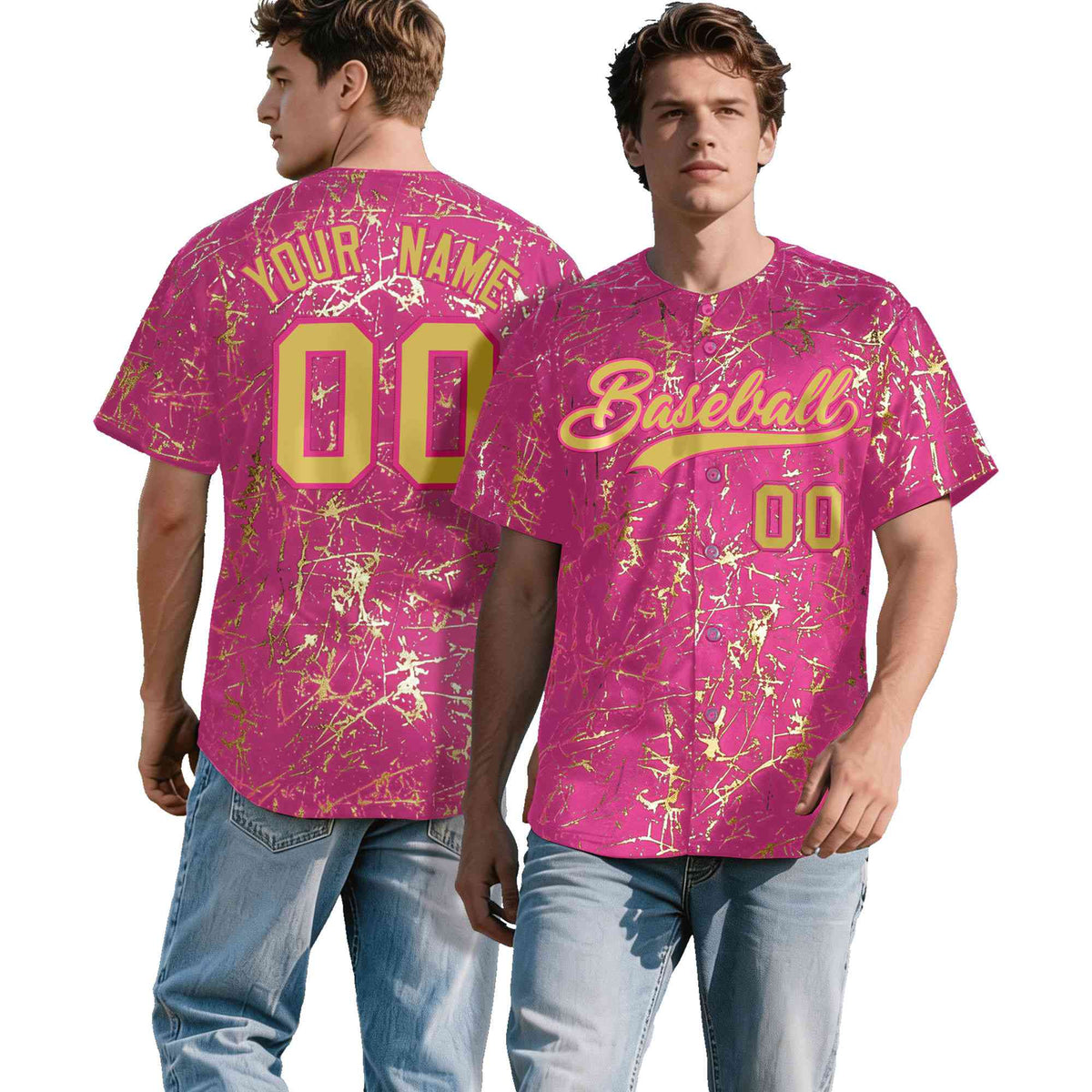 Custom Pink Old Gold Black&amp;Shiny Gold Cracked Foil Hip Hop Button Down Baseball Jersey