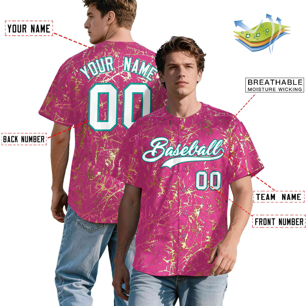 Custom Pink White Black&amp;Shiny Gold Cracked Foil Breathable Mesh Streetwear Baseball Jersey